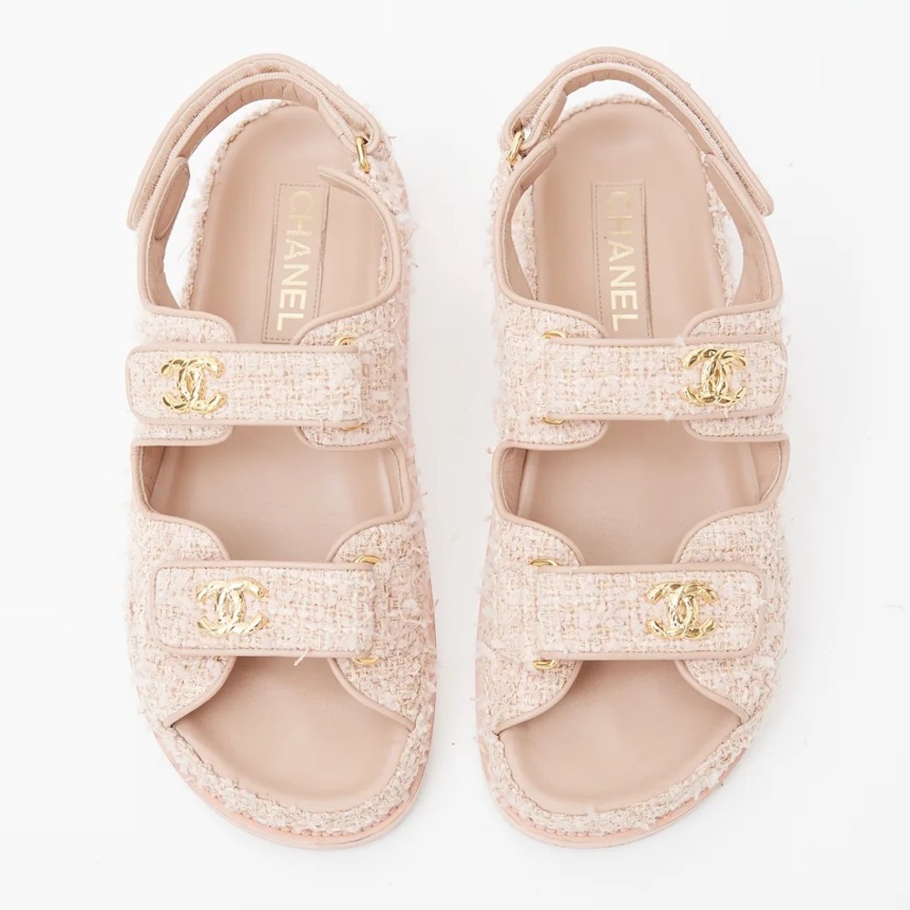 Chanel CC Logo Pink Gold Tweed Velcro Strap Dad Sandals 38.5